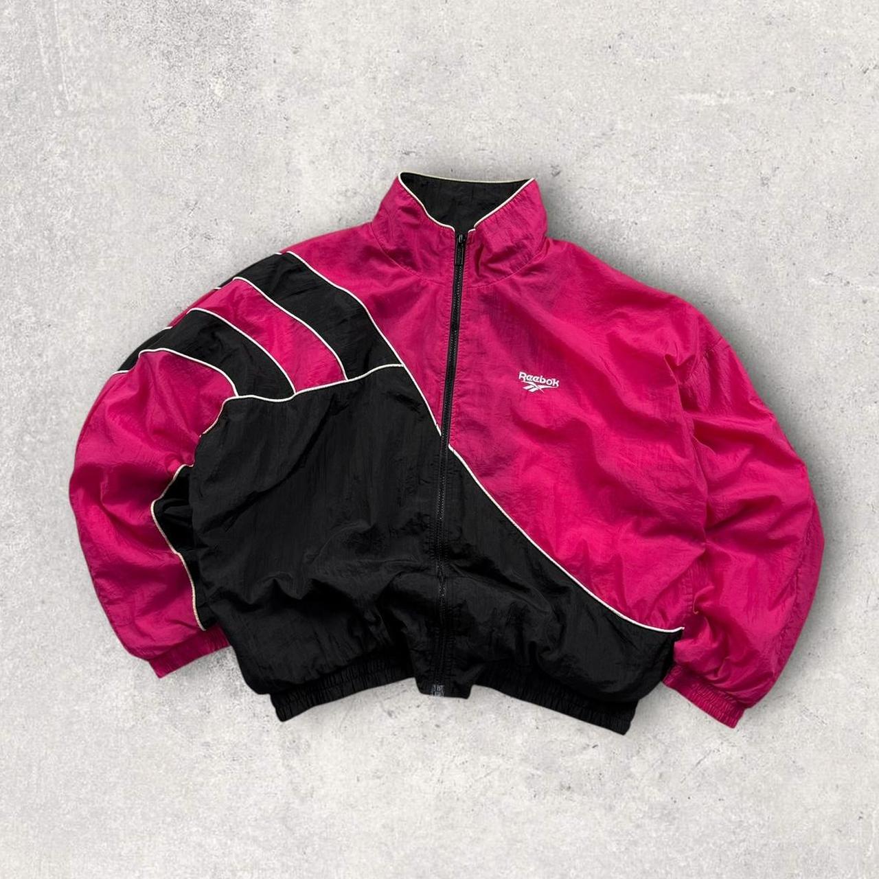 Vintage 90s Reebok Cropped Windbreaker Jacket Pink / Black (Womens L)