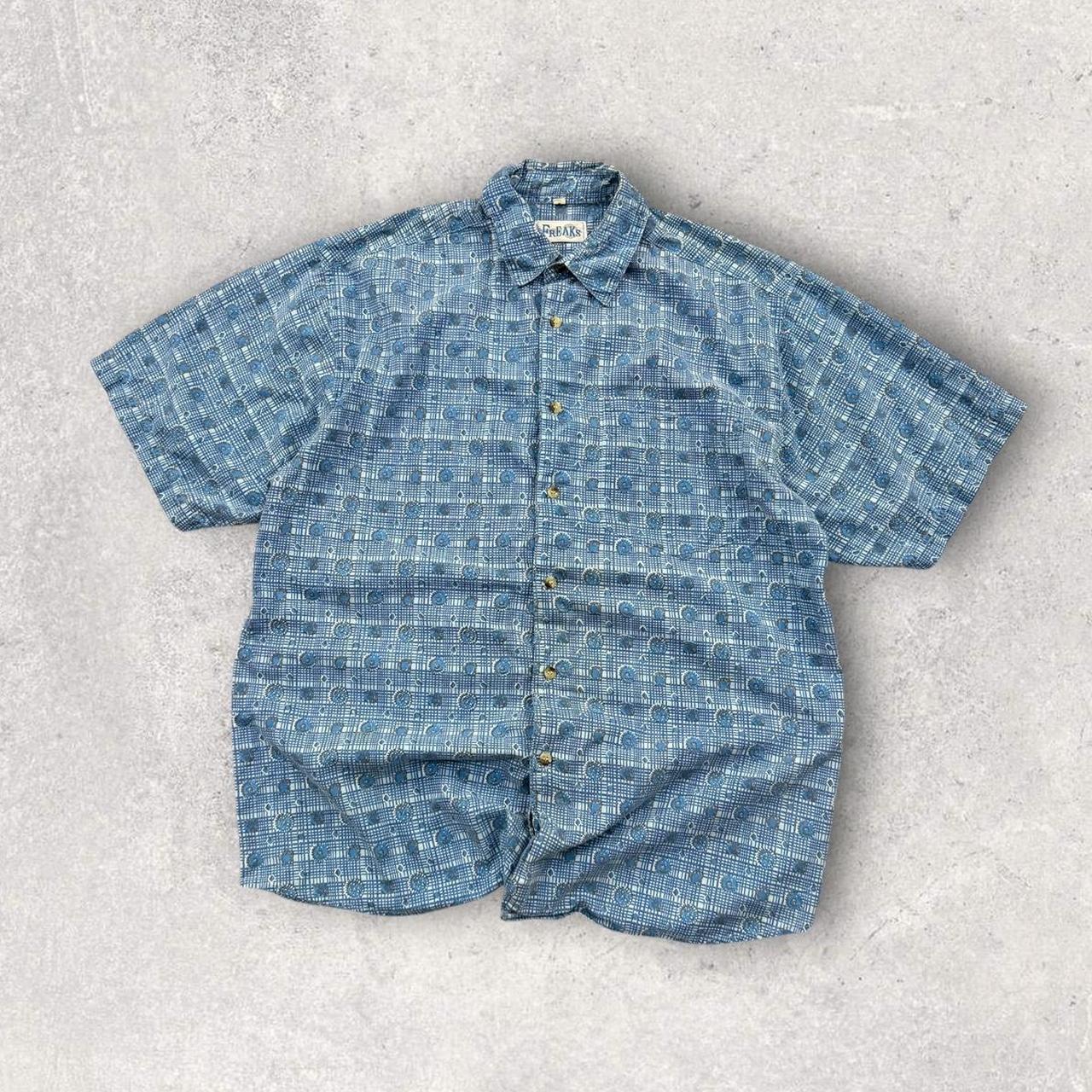 Vintage 90s Patterned Short Sleeve Shirt Blue (M)