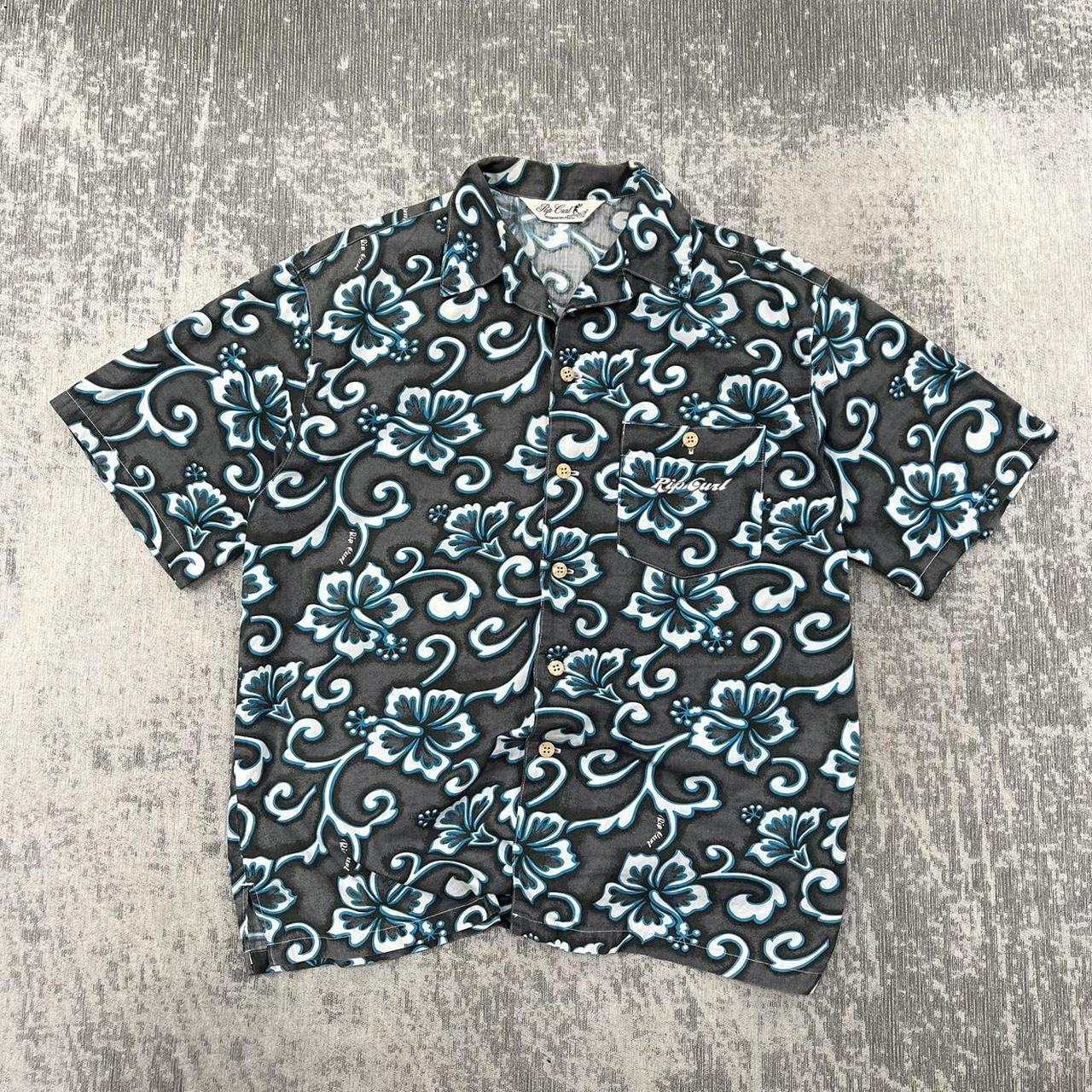 Vintage 90s Rip Curl Short Sleeve Hawaiian Shirt Grey / Blue (L)