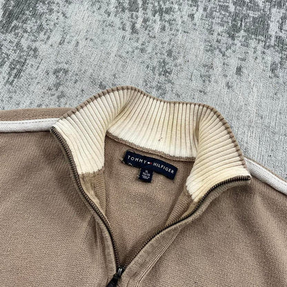 Vintage Tommy Hilfiger Heavy Knit Quarter Zip Jumper Brown (L)