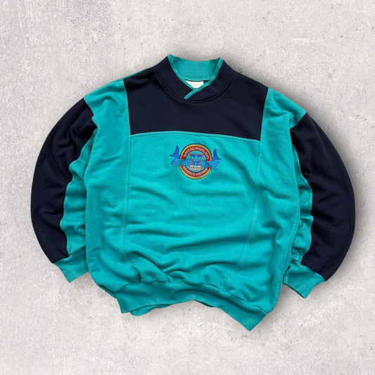 Vintage 90s Adidas RARE Centre Logo Sweatshirt Turquoise / Navy (L)
