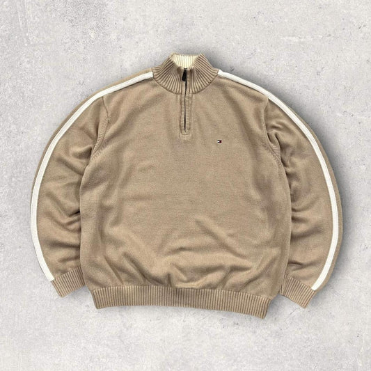 Vintage Tommy Hilfiger Heavy Knit Quarter Zip Jumper Brown (L)