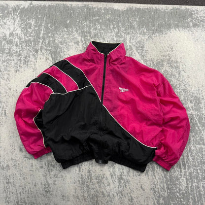 Vintage 90s Reebok Cropped Windbreaker Jacket Pink / Black (Womens L)