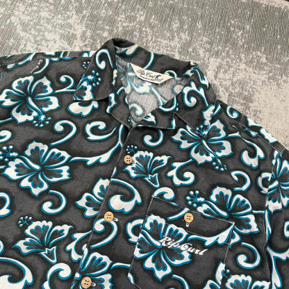Vintage 90s Rip Curl Short Sleeve Hawaiian Shirt Grey / Blue (L)