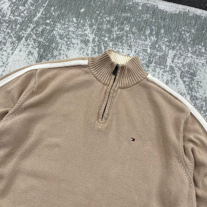 Vintage Tommy Hilfiger Heavy Knit Quarter Zip Jumper Brown (L)