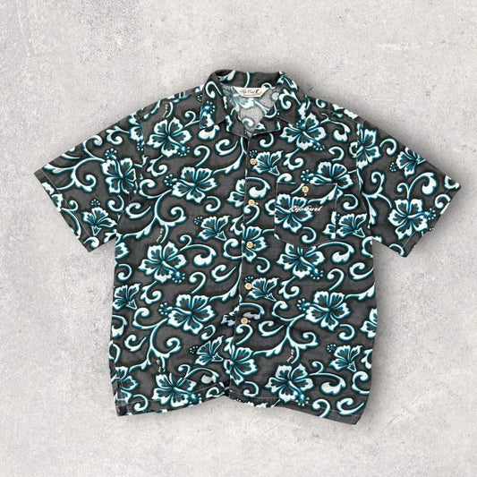 Vintage 90s Rip Curl Short Sleeve Hawaiian Shirt Grey / Blue (L)