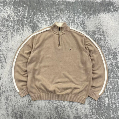 Vintage Tommy Hilfiger Heavy Knit Quarter Zip Jumper Brown (L)